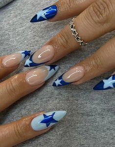 Bold Almond Nails, Summer Nails Acrylic 2024, Blue Nails Aesthetic Design, Colourful Winter Nails, Simple Gel Nails Blue, Almond Nails With Accent Nail, Nail Designs Almond Shape Summer, Blue Winter Almond Nails, Fall Natural Nail Designs