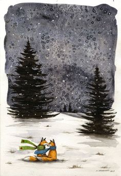 a drawing of a fox sitting in the snow with a scarf around it's neck