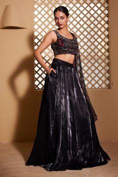 Black padded blouse featuring floral thread and sequin hand embroidery with plunge back. Paired with a can-can attached pocketed lehenga and a dupatta. - Aza Fashions Blouse Lehenga, Hand Embroidered Blouse, Lehenga Pattern, Padded Blouse, Net Lehenga, Can Can, Embroidered Blouse, Set For Women, Embroidery Thread