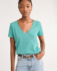 An ultra-soft women's short-sleeve tee in a textured cotton knit, featuring a V-neckline and relaxed fit throughout. 100% cotton. Machine wash. Imported. | WOMEN'S SHORT-SLEEVE COTTON SLUB TEE Relaxed Fit V-neck T-shirt For Casual Gatherings, Spring V-neck T-shirt For Casual Gatherings, Casual V-neck T-shirt For Gatherings, Green V-neck T-shirt For Everyday, Relaxed Fit V-neck T-shirt, Cotton Knit, Sleeve Cotton, Short Sleeve Shirt, Womens Tees