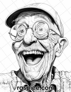 an old man with glasses and a hat is shown in this black and white drawing