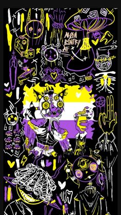 an abstract painting with yellow, purple and white colors on black background is featured in this image