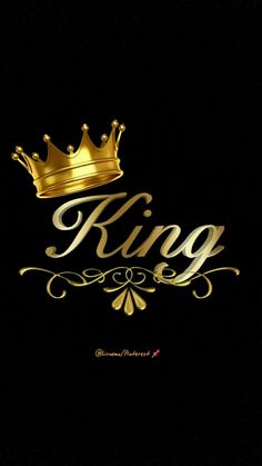 the word king written in gold with a golden crown on it's head, against a black background