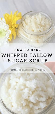 how to make whipped sugar scrub in a jar with flowers on the side and text overlay