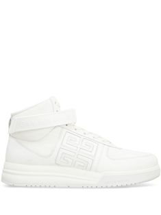 milk white calf leather signature 4G motif ankle touch-strap fastening front lace-up fastening branded insole flat sole round toe Luxury White High-top Sneakers Modern Style, Givenchy Man, Leather High Tops, Athleisure Wear, Leather Cap, High Top Shoes, Shoe Game, Leather Jewelry, Lanvin