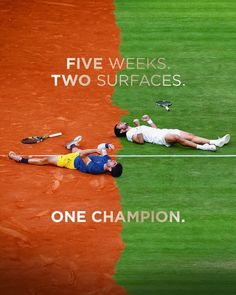 two tennis players are laying on the grass