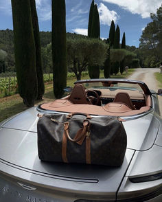 a large bag sitting on top of a convertible parked in front of a tree lined road