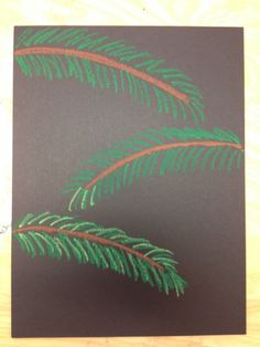 a drawing of two pine trees on a black paper with green needles and red tips