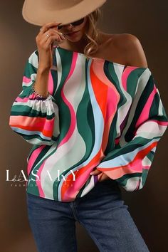 Lasaky - Luxurious Colorful Artistic Loose Lantern Sleeve Blouse for Fashion-forward Individuals Bishop Sleeve Blouse, Boat Neck Blouse, Lantern Sleeved Blouses, Balloon Sleeve Top, Saint John, Sleeves Clothing, Women Long Sleeve Tops, Hipster Fashion, Lantern Sleeves