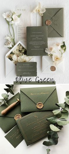 wedding stationery and envelopes with greenery on the bottom, and white flowers on top