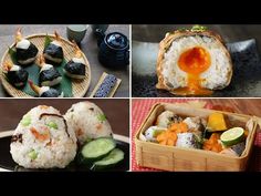 four pictures of different food items including sushi, cucumbers and avocado