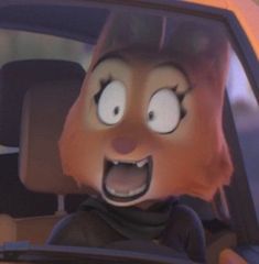 a cartoon character is in the passenger seat of a car and has his mouth open