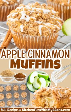 apple cinnamon muffins with white icing on top and apples in the background