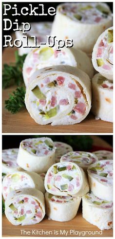 two pictures show different types of food wrapped in bread and rolled up to look like rolls