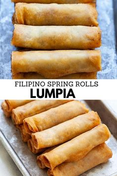 some food that is sitting on top of a metal tray and next to the words, filipino spring rolls lumpia