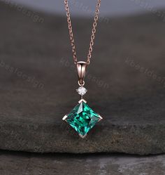 Here we have a princess cut green emerald necklace in rose gold. For those who are looking for emerald jewelry which is handcrafted in details, this unique emerald necklace would be a perfect choice for you. Whether it be a Birthday gift for her, an anniversary gift her, or a celebration of yourself, this green emerald jewelry is the perfect gift from the heart. Details: *8mm princess cut lab created emerald *Stone weight: 3CT *Side stone: Moissanite Chain: 18 Inches length. I accept custom maki Moissanite Chain, Green Emerald Necklace, Shiny Rings, Gold Jewellry, Jewelry Design Drawing, Asymmetrical Earrings, Magical Jewelry, Pendant For Women, Bridal Gift