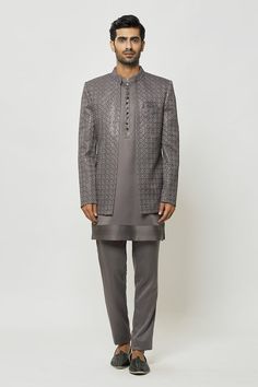 Grey art silk front-open sherwani with sequins and thread embroidery. Comes with aligadhi pant and a kurta. - Aza Fashions Festive Designer Naqshi Churidar, Festive Naqshi Churidar, Traditional Drape Lawn Suit For Diwali Reception, Diwali Reception Salwar Kameez With Naqshi, Silk Sherwani With Zari Work For Eid, Naqshi Salwar Kameez For Eid Reception, Eid Silk Sherwani With Zari Work, Eid Reception Salwar Kameez With Naqshi Embroidery, Semi-stitched Silk Sherwani For Reception