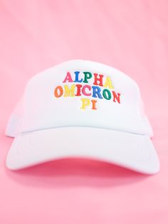 a white hat with the word'alphabet omicoron pi'embroidered on it