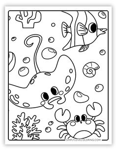 an ocean scene with sea animals and fish coloring pages for kids to print out on