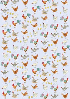 a blue background with chickens and roosters on it's sides, all in different colors