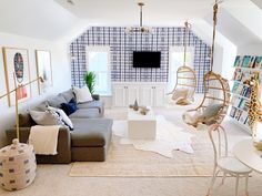 a living room filled with furniture and a flat screen tv mounted to the wall above it