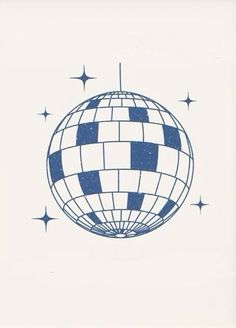 a blue and white drawing of a disco ball with stars in the sky behind it