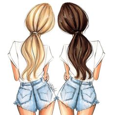 two girls with long hair and short shorts are facing each other in the same direction