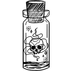 a drawing of a glass bottle filled with liquid and a skull in the bottom, on a white background