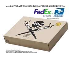 an advertisement for fedex is shown with scissors and paper on the box, as well as a sticker that reads'all canvass will be secured packed packeted and shipped via mail