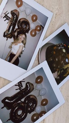 three polaroid photos of a woman with balloons