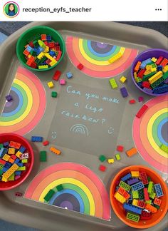 a tray with legos on it that says can you make a lego rainbow?