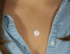 Sterling Silver Sun Necklace, Small Sun Pendant, Dainty Sunburst Necklace, Delicate Minimalist Pagan Necklace This dainty minimalist necklace features small sun pendant hanging from delicate chain.  Perfect present for the ones you love once you beat the temptation to leave for yourself. "The sun is new each day."   🌼    Details: Delicate Sterling Silver Chain Sterling Silver Sun pendant - 17,5 mm 100% Handcrafted with love from top quality materials only! I use only SOLID Sterling Silver 925 c Minimalist Sterling Silver Necklace For Summer, Minimalist Necklaces For Summer Gifts, Simple Summer Jewelry Gift, Simple Summer Jewelry For Gifts, Bike Necklace, Bicycle Necklace, Sunburst Necklace, Pagan Necklace, Wanderlust Jewelry