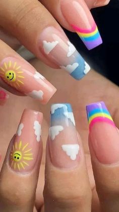 Vibrant Nail Colors Art Designs, A Kerlick Nails Idea, Aesthetic Rainbow Nails, Summer Nails For Kids Girls Fun, Trippy Nail Art Short, Cocomelon Nails Design, Jelly Roll Concert Nails, Alternative Summer Nails, June Acrylic Nail Designs