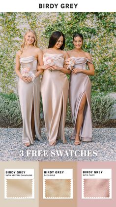 three bridesmaid dresses with different colors and styles for the brides to wear