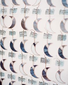 a wall covered in lots of different types of paper crescents with writing on them