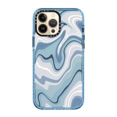 an iphone case with a blue and white marble pattern