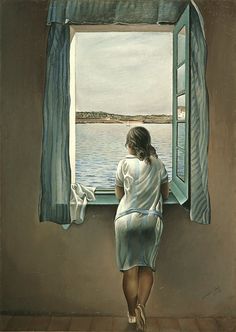 a painting of a woman looking out a window at the ocean with words written on it