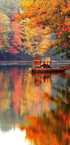 two chairs are sitting on the edge of a lake surrounded by trees with fall foliage