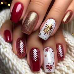 Pretty timeless Christmas manicure. The nails coated in a glossy cranberry red shade, with the ring finger showcasing a hand-painted golden star surrounded by tiny white snowflakes. The other nails have a touch of gold at the tips, adding a festive shimmer. Red And Gold Snowflake Nails, Red And Gold Christmas Nails, Gold Holiday Nails, Nails Xmas, Timeless Christmas, Nail Coat, Christmas Manicure, Gold Nail Designs, Christmas Gel Nails