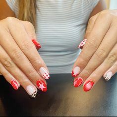 #red#nails#nailsofinstagram #nailsart#cheetah#cheetahprint#cheetahnails#leopard#red#fire#aura#frenchnails#star#gingham#cute #aesthetic Red Mismatched Nails, Super Fun Nails, Cute Aesthetic Almond Nails, Red Western Nail Ideas, Cheetah Print Red Nails, Nail Ideas Cheetah Print, Cheetah And Red Nails, Funky Red Nails, Kenz Core