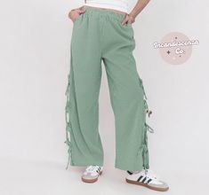 Gingham Side Tie Linen Pants Bow Tie Side Pants Ruffle Long Pants Woman Side Tie Trousers Casual Lounge Pants Trendy Summer Long Pants White Pants Women, Gingham Pants, Summer Pants, Gingham Print, Long Pants, Lounge Pants, Printed Pants, Linen Pants, How To Feel Beautiful