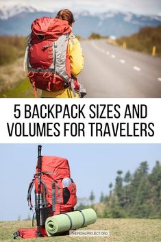 the back pack is sitting on the ground next to an empty road with mountains in the background