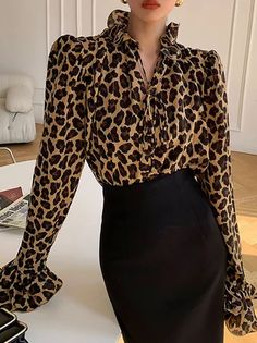 Stand Collar Blouse, Leopard Blouse, Pleated Shirt, Fitted Blouses, Sleeves Clothing, Leopard Print Blouse, Long Sleeve Turtleneck, Ruffled Sleeves, Print Blouse