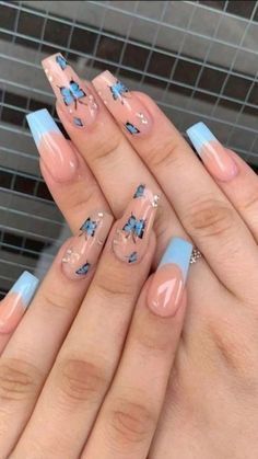 Paznokcie Hello Kitty, Butterfly Nail Designs, Purple Acrylic Nails, Blue Acrylic Nails, Girly Acrylic Nails, Acrylic Nails Coffin Pink, Long Square Acrylic Nails, Acrylic Nails Coffin Short, Short Acrylic Nails Designs