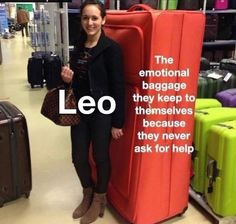 a woman standing next to luggage in a store with the words leo written on it