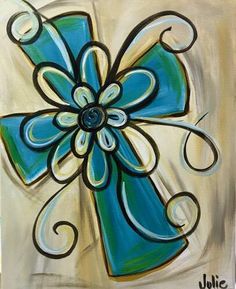 a painting of a blue flower with swirls on it's petals and leaves