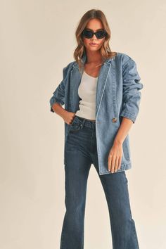 Embrace a bold and stylish look with the Tasha Oversized Denim Blazer. Elevate your outfit with this versatile piece, perfect for any occasion. The oversized fit adds a touch of effortless sophistication. Make a statement with this must-have addition to your wardrobe. Oversized Aesthetic, Denim On Denim Looks, Denim Blazer, Girls Denim, Oversized Blazer, Laid Back Style, Light Denim, Premium Denim, Denim Fabric