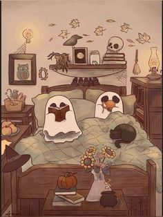 this is a painting of two ghost beds in a bedroom with pumpkins on the bed