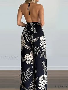 Lasaky - Chic Tropical Print Halter Neck Jumpsuit with Backless Side Split, Perfect for Spring & Summer Vacation, Womens Casual Clothing Black Halter Neck Jumpsuits And Rompers For Vacation, Black Halter Neck Jumpsuit For Vacation, Black Halter Neck Jumpsuit For Beach, Black Printed Jumpsuit For Beach, Black Printed Jumpsuits And Rompers For Beach, Halter Neck Jumpsuit, Beach Fabric, Womens Casual, Casual Clothing