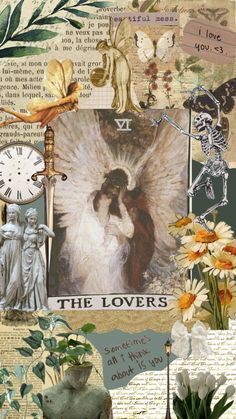 an altered collage with flowers, angel and clock on it's side is featured in this image